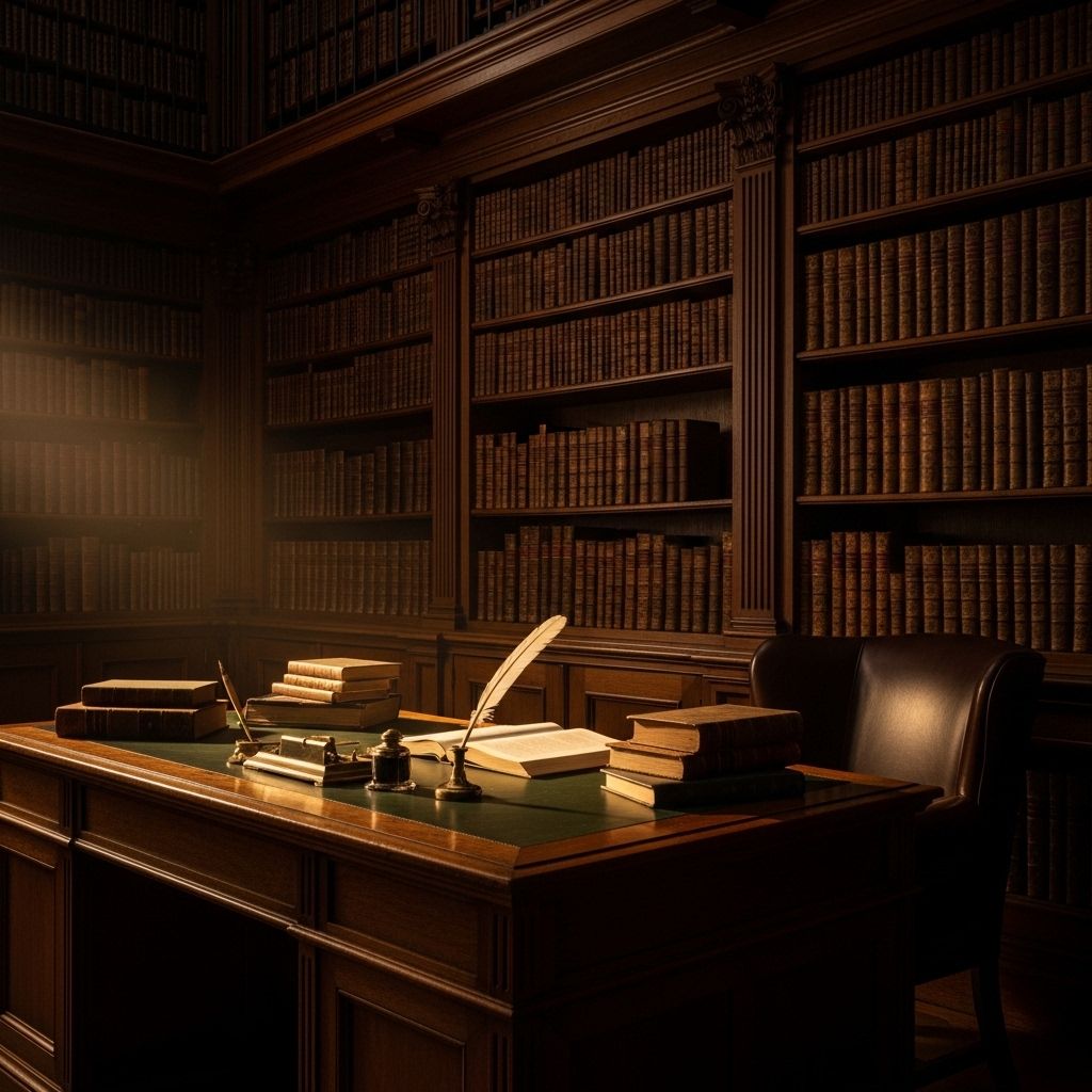 Bibliothèque ancienne avec des étagères remplies de livres reliés en cuir et un bureau en bois massif éclairé par une lumière chaude et directionnelle évoquant la recherche la connaissance et l'atmosphère studieuse d'une institution académique