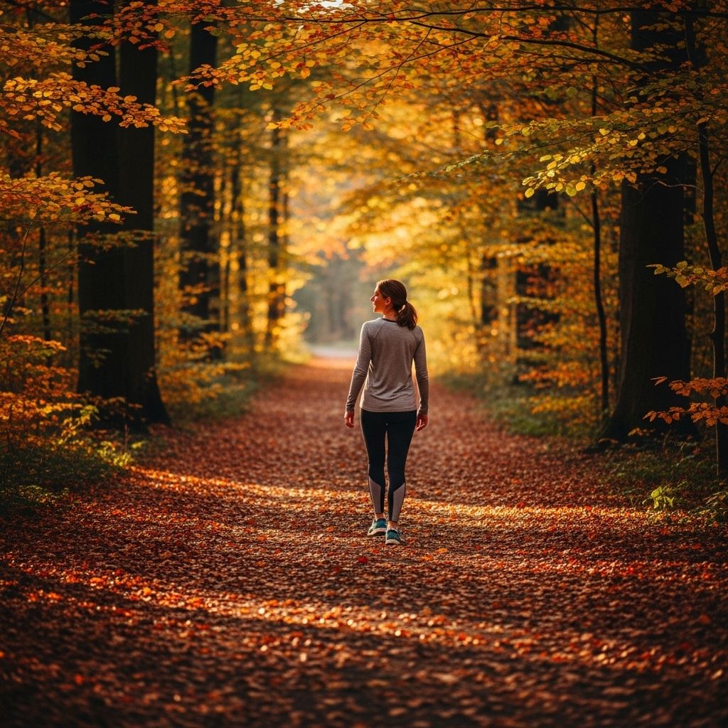 Une personne marchant tranquillement sur un sentier boisé en automne vêtue de vêtements de sport confortables dans une ambiance apaisante avec une lumière chaude filtrée à travers les arbres et des ombres profondes