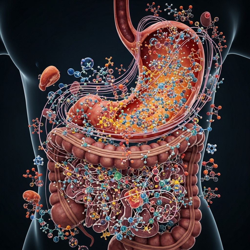 Représentation stylisée du processus digestif humain avec des formes abstraites et des molécules en interaction illustrant le métabolisme alimentaire avec un éclairage sophistiqué sur fond sombre