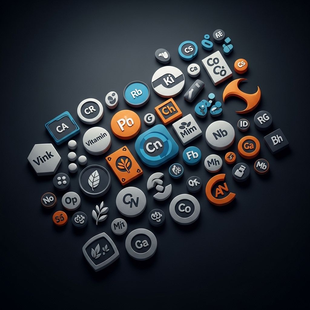 Formes abstraites et icônes représentant des catégories de nutriments disposées avec soin sur un fond sombre symbolisant la complexité et la diversité du domaine des compléments alimentaires