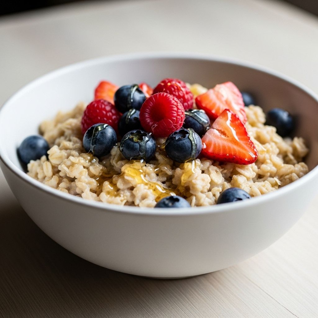 Bol de flocons d'avoine avec des fruits rouges et des noix sur une table rustique en bois avec une lumière douce et naturelle symbolisant les glucides complexes et l'énergie durable