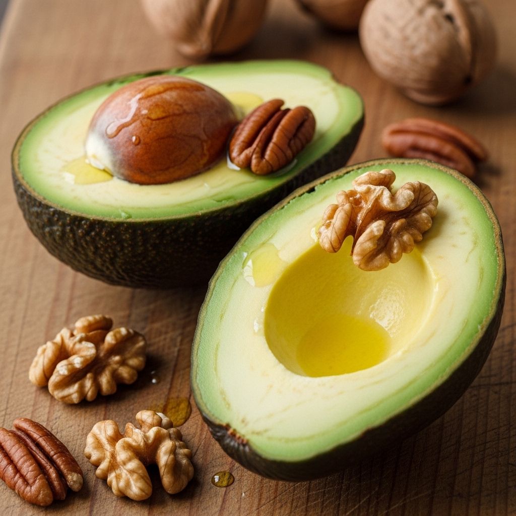 Avocat coupé avec des noix et de l'huile d'olive dans un bol en céramique sur une table minimaliste éclairée par une lumière directionnelle représentant les lipides sains et les graisses essentielles