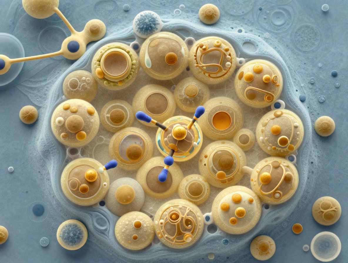 Vue microscopique stylisée de cellules en activité avec des tonalités bleues et or, représentant les échanges cellulaires énergétiques