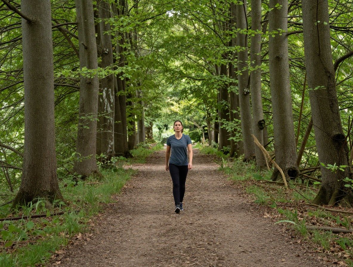 Personne marchant sur un sentier en forêt avec lumière filtrée à travers les arbres, symbolisant un parcours progressif et équilibré vers le bien-être