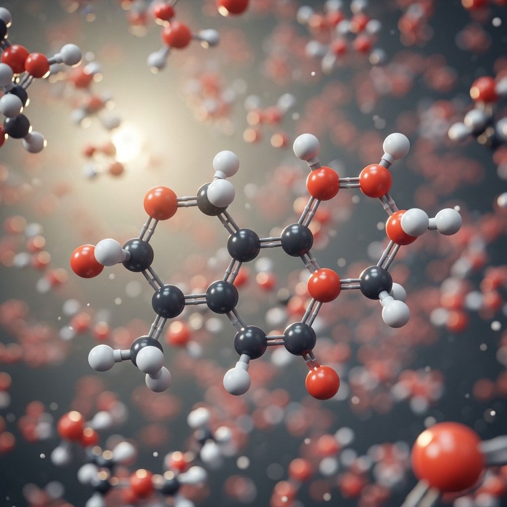 Visualisation stylisée cinématographique de molécules ou de nutriments en arrière-plan flou avec un focus sur l'équilibre illustrée par des formes abstraites et une lumière directionnelle créant des ombres profondes
